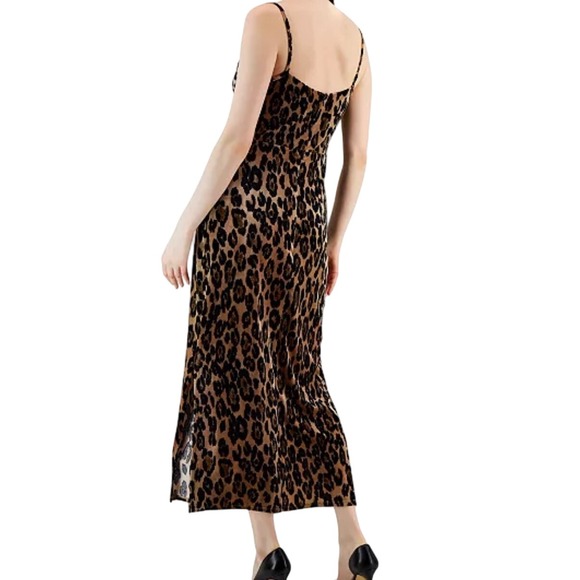 TAYLOR Women's Leopard Animal Print Velvet Maxi Slip Dress with Slits Size 10 - Picture 2 of 9